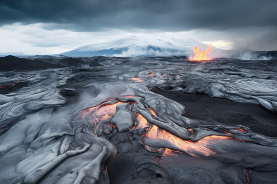 Generative AI illustration of flowing and cold magma from volcano under gloomy dark sky
