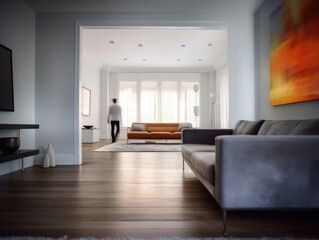 Fototapeta premium Modern living room with blur people in the background. Generative AI