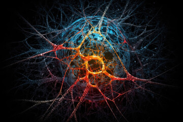 Generative AI illustration of glowing neon neural net as abstraction in blue and orange colors on black background