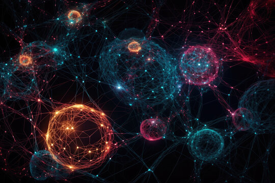 Generative AI illustration of glowing neon neural net in abstract cosmos with black background