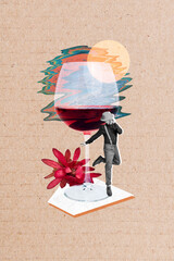 Vertical collage of funny confident man posing advertisement wine shop drink glass red cabernet...
