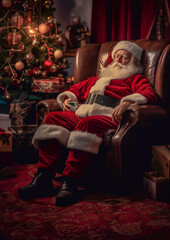 Santa very tired after the delivery of gifts, rests in his favorite armchair