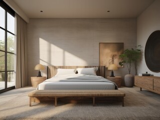 Bright beige wooden bedroom, minimal modern style. Generative AI