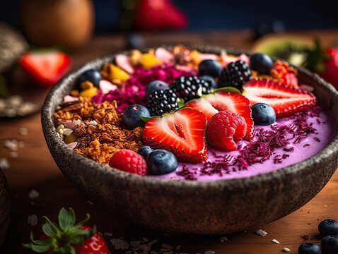 Generative AI illustration of delicious sweet dessert consisting of blueberries strawberries yogurt and nuts served in bowl