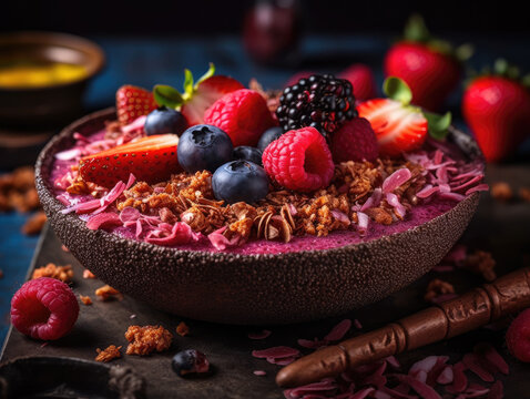 Generative AI illustration of delicious sweet dessert consisting of blueberries strawberries yogurt and nuts served in bowl