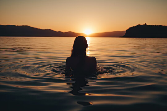 Generative AI illustration Back view of unrecognizable female silhouette standing in rippling sea water and enjoying sunset over mountains