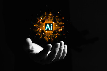 Artificial intelligence concept, brain, nervous system, business artificial intelligence, using AI in data management, businessman using artificial intelligence in hands on virtual screen