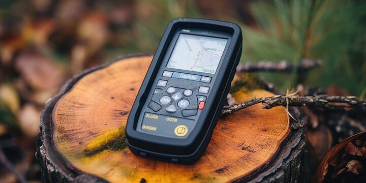 A handheld gps device displaying coordinates, with a small box of trinkets in the background , concept of Geolocation technology, created with Generative AI technology