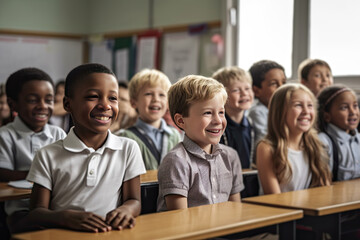 Generative AI illustration of cheerful group of diverse pupils in classroom
