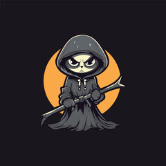 Fototapeta na wymiar A charming, whimsical Grim Reaper cat, clutching a small scythe, its bright eyes full of mischief. Outlined in playful 2D cartoon style. vector illustration