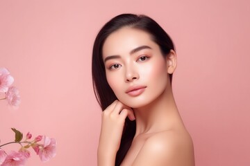 Naklejka premium Beautiful Young Asian Woman with Clean Fresh Skin,woman beauty skin isolated on pink background.Generative Ai