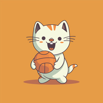 A playful kitten with big, curious eyes dribbling a bright orange basketball, captured mid-leap, showcasing its agility in a flat 2D cartoon style. vector illustration