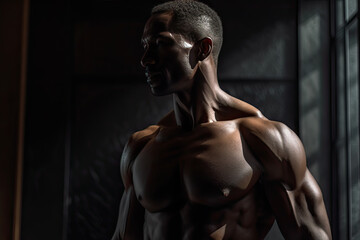 Generative AI illustration of muscular man with naked torso in gym