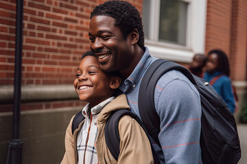 Generative AI illustration portrait of happy African American father and son with backpack laughing together while smiling and looking away on street