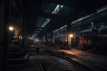 Obraz premium Dark Abandoned Factory Interiors with Industrial Ambiance