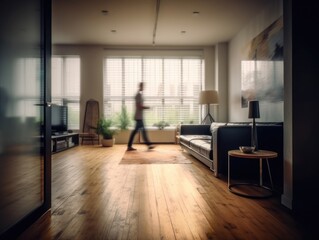Fototapeta na wymiar Modern living room with blur people in the background. Generative AI