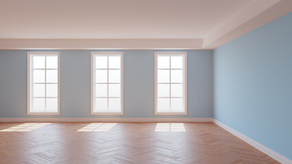 Light Blue Room with a White Ceiling and Cornice, Glossy Herringbone Parquet Floor, Three Large Windows and a White Plinth. Sunny Beautiful Interior. 3D illustration, 8K Ultra HD, 7680x4320, 300 dpi