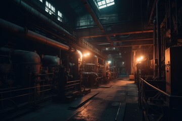 Fototapeta premium Dark Industrial Factory Interiors with Machinery and Dim Lighting