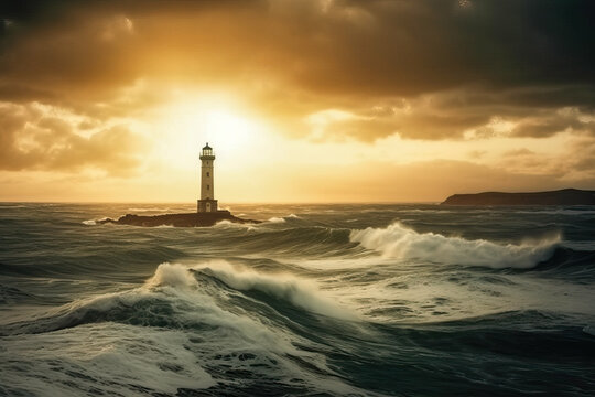 Generative AI illustration of scenic view of lighthouse located on highland in dark wavy ocean under cloudy sky with bright sun setting at evening
