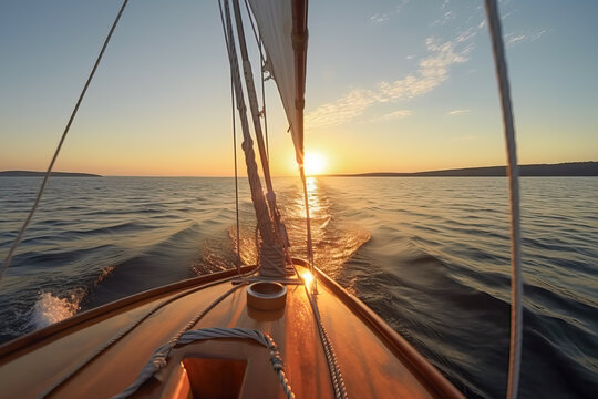Generative AI illustration of scenic view of sailboat with wooden deck and mast with rope floating on rippling dark sea against cloudy sunset sky
