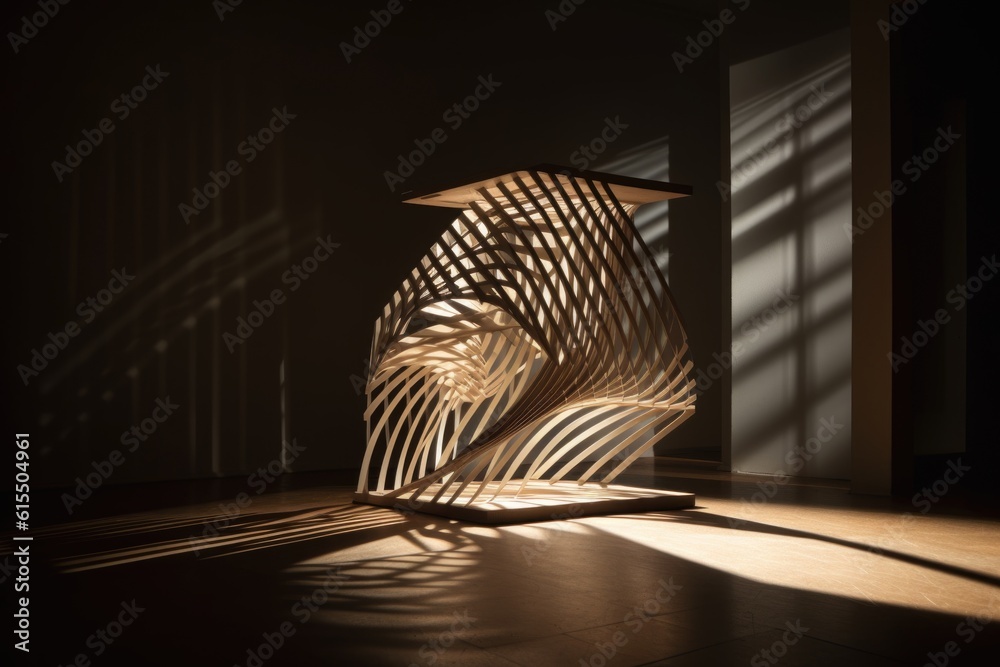 Sticker 3d geometric sculpture, with light and shadow playing on its surface, created with generative ai