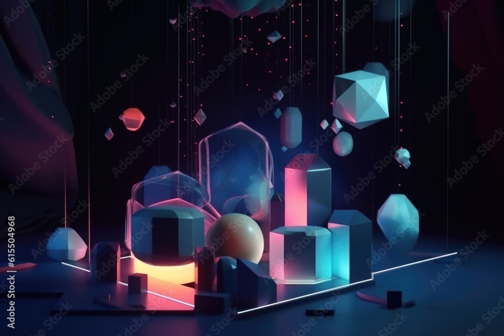 Wall mural abstract 3d environment with floating geometric shapes, lights, and shadows, created with generative