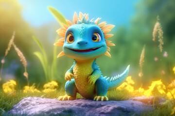 Cute Adorable Baby Dragon Lizard in 3D-Style Standing in Nature in Children-Friendly Cartoon Animation Fantasy Style generative AI. - obrazy, fototapety, plakaty