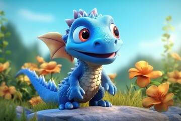Cute Adorable Baby Dragon Lizard in 3D-Style Standing in Nature in Children-Friendly Cartoon Animation Fantasy Style generative AI.
