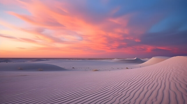 A sandy desert at sunset, an impressive and romantic view
