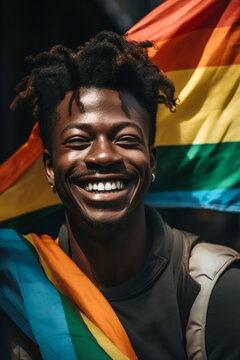 Generative AI illustration of smiling African American male with Afro hairstyle showing teeth and looking at camera while standing with LGBT flag