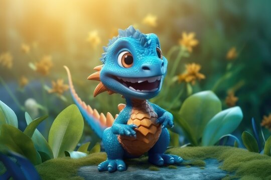 Cute Adorable Baby Dragon Lizard in 3D-Style Standing in Nature in Children-Friendly Cartoon Animation Fantasy Style generative AI.
