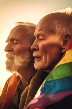 Generative AI illustration of side view of senior gay couple looking away while standing with LGBT flag wrapped around against illuminated