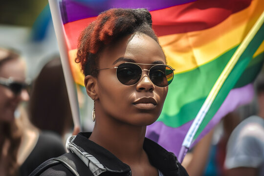 Generative AI illustration of African American female in sunglasses Afro hairstyle looking at camera while standing near LGBT flag