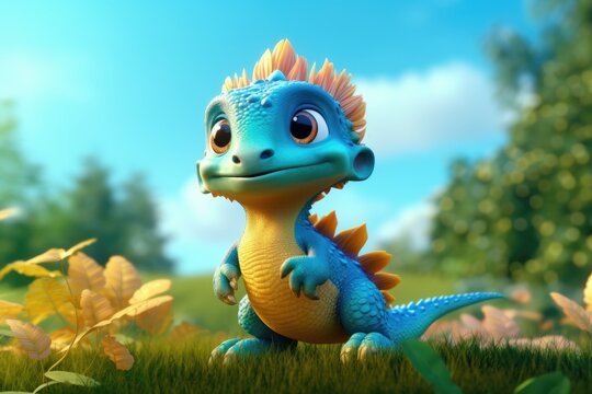 Cute Adorable Baby Dragon Lizard in 3D-Style Standing in Nature in Children-Friendly Cartoon Animation Fantasy Style generative AI. © Ecleposs