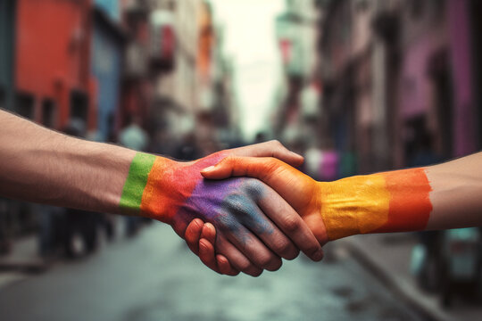 Generative AI illustration of unrecognizable persons shaking hands painted with rainbow colors in sunlight while standing against crowded city street