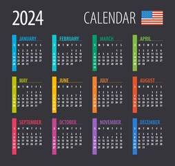 2024 Calendar - illustration. Template. Mock up. American version