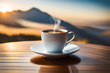cup of coffee on the teable, coffee with a blurred mountain background view