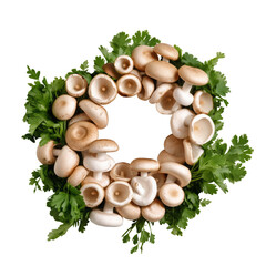 Fototapeta premium circle of mushrooms and coriander leaves isolated on transparent background cutout , generative ai
