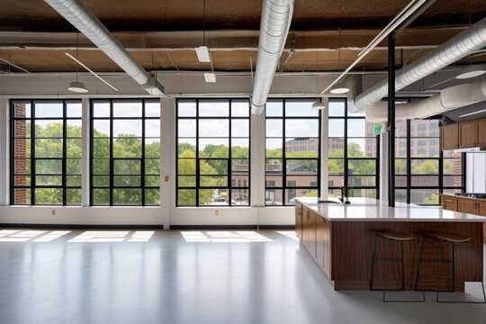 adaptive reuse project with modern and sleek design, featuring large windows and open floor plan, created with generative ai