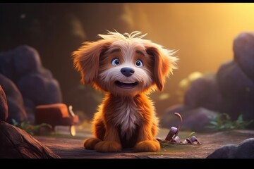 Cute Adorable Baby Dog in 3D-Style Standing in Nature in Children-Friendly Cartoon Animation Fantasy Style generative AI. - obrazy, fototapety, plakaty