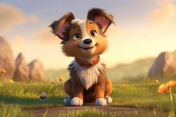Cute Adorable Baby Dog in 3D-Style Standing in Nature in Children-Friendly Cartoon Animation Fantasy Style generative AI.