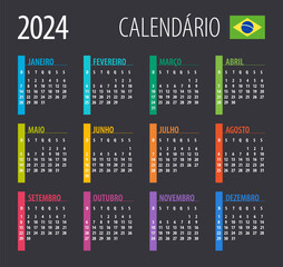 2024 Calendar - vector illustration. Template. Mock up. Brazilian version