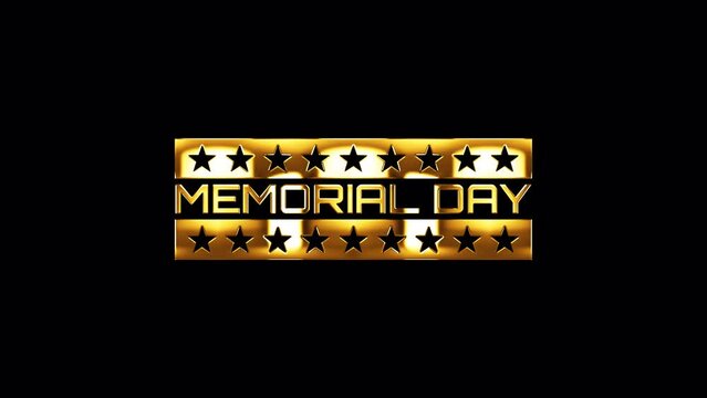 Loop of Memorial Day word text with golden shine nameplate animation glitch effect on black abstract background..  Isolated transparent with alpha channel Quicktime prores 444 