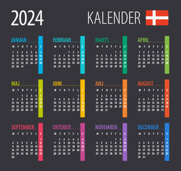 2024 Calendar - vector illustration. Template. Mock up. Danish version