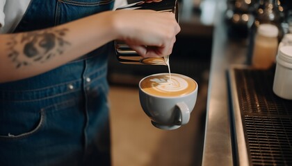 Barista pouring milk at coffee shop, making latte art. Generative ai art