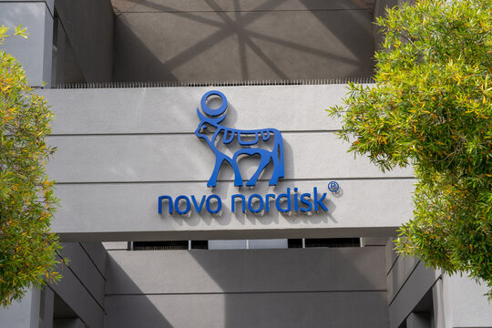 Close up of Novo Nordisk logo sign on the building in Fremont, California, USA, June 11, 2023. Novo Nordisk is a Danish multinational pharmaceutical company. 