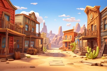 Western Desert Town with Wooden Buildings and Clear Blue Sky