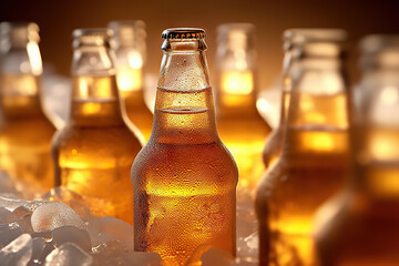 Refreshing Cold Beer Delight Bottles Chilled in Ice Cubes. created with Generative AI