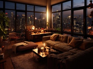 Modern luxury living room with large windows in the night time. Generative AI