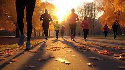Autumn Sunrise Run Group of Runners Enjoying a Morning Jog in the Park. created with Generative AI